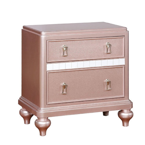 Nightstand With Mirror Accent Panels, 2 Drawer Design - Rose Gold