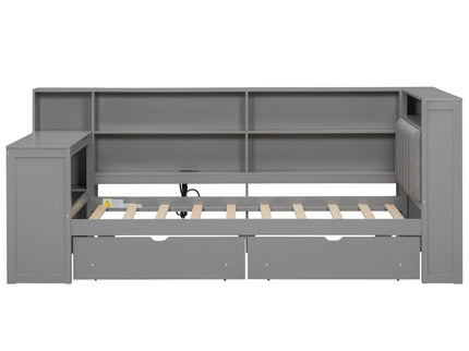 Platform Bed With Upholstered Headboard, Storage Shelves, Drawers, Charging Station, LED Lighting, Built In Desk