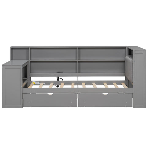 Platform Bed With Upholstered Headboard, Storage Shelves, Drawers, Charging Station, LED Lighting, Built In Desk