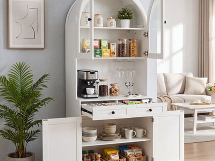 Tall Arched Pantry Cabinet With Charging Station, Adjustable Shelves, Coffee Bar