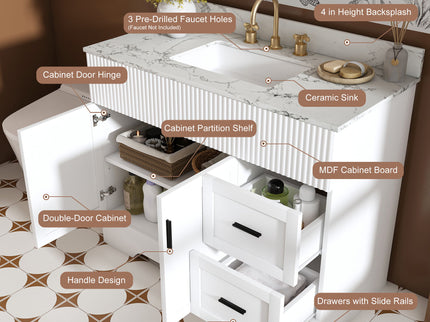 Bathroom Vanity Set, Fluted Cabinet, Soft Close Doors & Drawers, 3 Faucet Holes, Sink Included - White