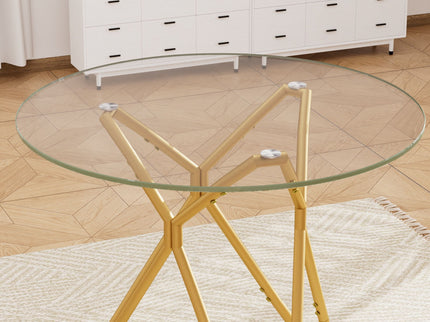 Modern Round Tempered Glass Dining Table With Sturdy Metal Legs For 1 - 4 People - Gold