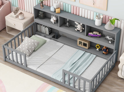 Floor Bed With Bedside Bookcase, Shelves, Guardrails