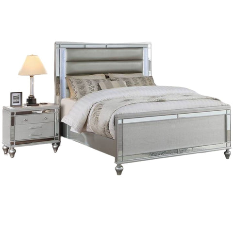 Modern Bed With LED Lights And Glass Panels, 2 Nightstands
