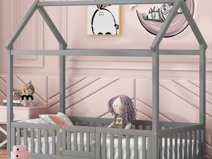 Wood House Bed With Fence And Door