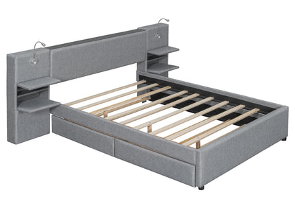 Upholstered Platform Bed With Reading Lights, Drawers, Trundle And Shelves