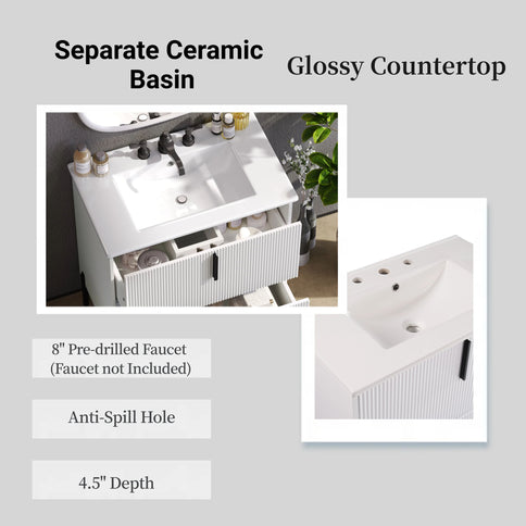 Bathroom Vanity With Ceramic Sink, Fluted Design