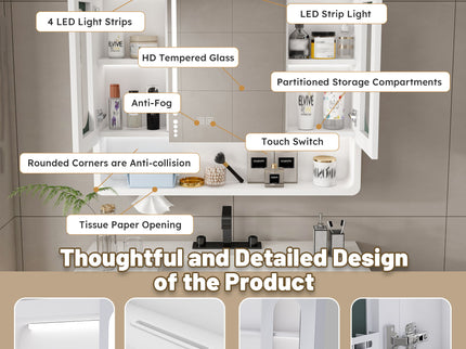 Wall Mounted Bathroom Mirror Cabinet With LED Lights, Anti Fog & Explosion Proof, Touch Control Medicine Cabinet, 3 Color Lighting - White