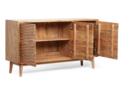 Boho Handcrafted 3 Door Sideboard, Carved Texture & Artisanal Charm - Natural