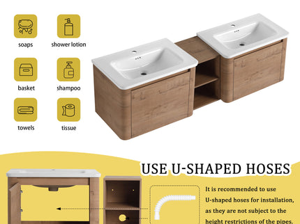 Wall Mounted Bathroom Vanity With Sink And Storage Shelves, Soft Close Doors
