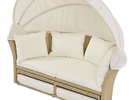Outdoor Patio Daybed Wicker Rattan Double Daybed Round Sofa Furniture Set With Retractable Canopy, 4 Pillows For Lawn Garden