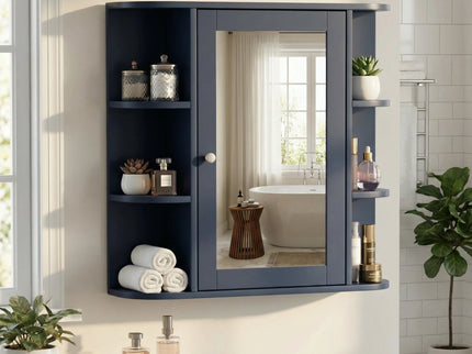 Bathroom Wall Storage Cabinet With Mirror And Adjustable Shelf, 6 Open Shelves