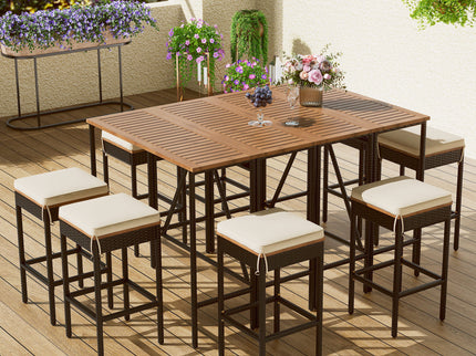 Outdoor Acacia Wood Bar Height Table And Eight Stools With Cushions