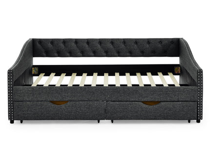 Upholstered Tufted Daybed With Drawers, Waved Arms