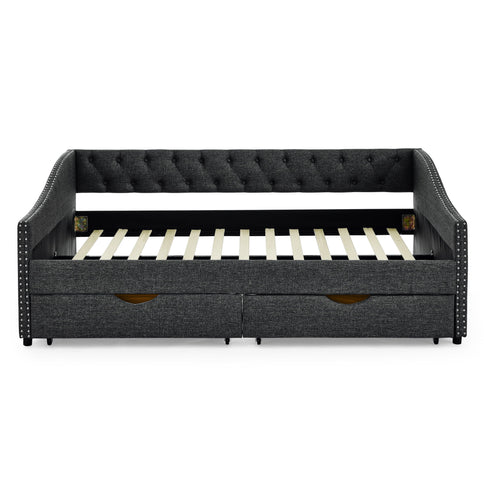 Upholstered Tufted Daybed With 2 Drawers, Waved Arms