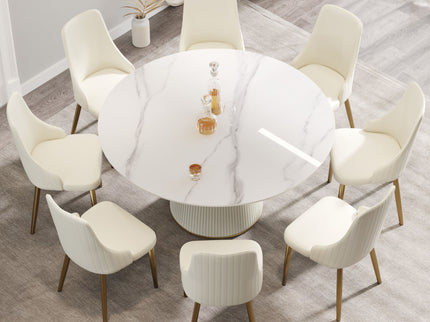 Modern Artificial Stone Round Plywood Base Dining Table, Can Accommodate 8 People, (Not Including Chairs) - White / Beige