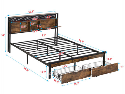 Modern Platform Bed, USB Charging Station, 2 Drawers, LED Lights