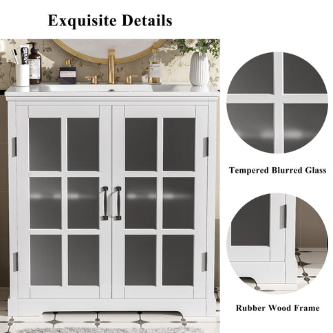 Modern Bathroom Vanity With Ceramic Sink, Tempered Blurred Glass Doors