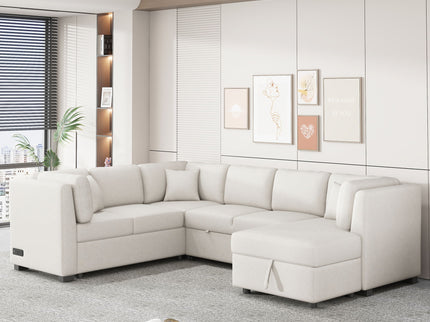U-Shaped Sectional Sofa Pull Out Sofa Bed With Two USB Ports, Two Power Sockets, Three Back Pillows And A Storage Chaise For Living Room