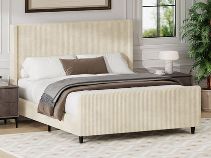 Upholstered Bed Frame With Vertical Stripe Wingback And High Footboard