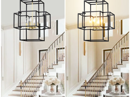 4 Light Metal Lantern Tiered Pendant Hanging Light Fixtures, Industrial Farmhouse Adjustable Height Chandeliers For Dining Room Hallway Foyer Entryway (E12 Bulbs Not Included)
