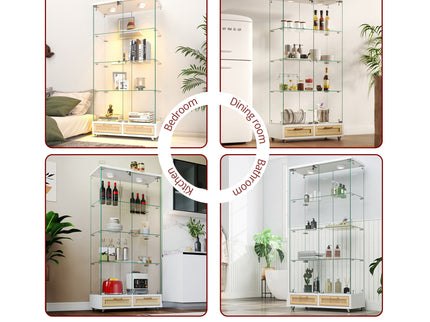 Glass Display Cabinet With LED Lights, Tempered Glass Doors, Large Drawers, 2 Door Storage Case With 4 Shelves - Natural / White