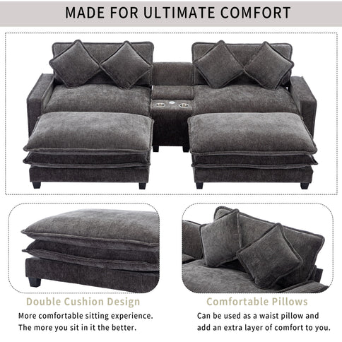 Modern Sectional Sofa With Removable Ottomans, USB Ports