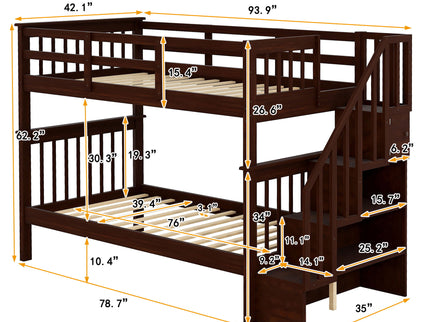 Stairway Bunk Bed With Storage And Guard Rail For Bedroom
