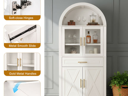 Arched Kitchen Pantry Cabinet With Adjustable Shelves & Barn Door Design