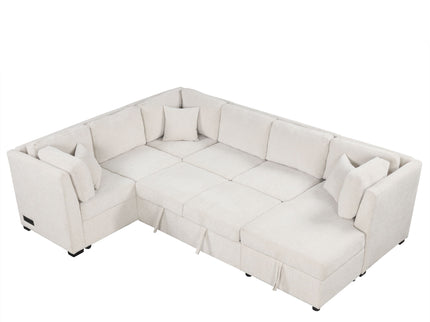 U-Shaped Sectional Sofa Pull Out Sofa Bed With Two USB Ports, Two Power Sockets, Three Back Pillows And A Storage Chaise For Living Room