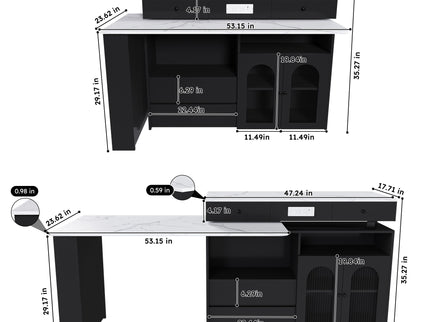 Kitchen Island With Extendable Rotating Table, 4 Drawers & Glass Door Cabinets, Built In Socket - Black