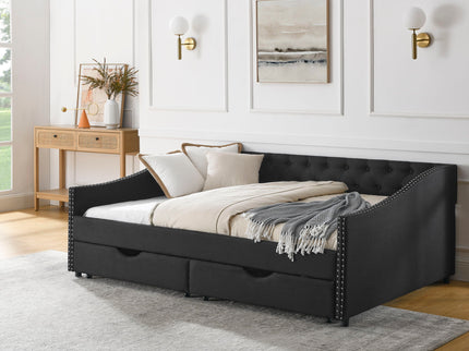 Upholstered Tufted Daybed With 2 Drawers, Waved Arms
