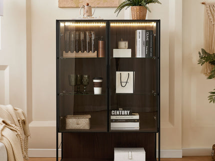 Modern Minimalist Tall Lighted Display Cabinet With Tempered Glass Door - Black / Dark Walnut