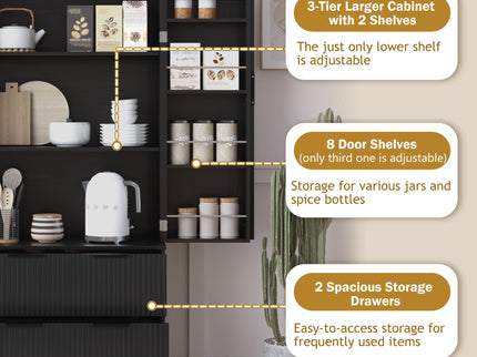 Fluted Kitchen Pantry Cabinet With 2 Large Drawers & 8 Door Spice Rack
