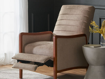 Mid Century Modern Fabric Channel Stitch Wood Pushback Recliner