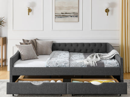Upholstered Tufted Daybed With 2 Drawers, Waved Arms