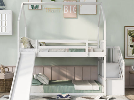 Twin Over Twin House Bunk Bed With Convertible Slide, Storage Staircase