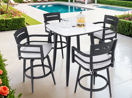 Modern Outdoor Patio Bar Set, Rounded Square Table & Bar Chairs, Non Rust Frame, Tapered Legs, Sunbrella Cushion