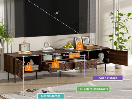 TV Stand For TVs Up To 85" With Closed Storage, Soft Closing Hinges, Living Room Entertainment Center - Walnut