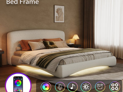 King Curved Upholstered Bed With Smart Ambient Lighting - Cream