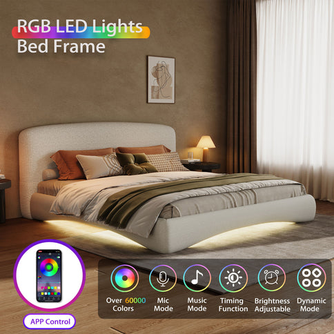 King Curved Upholstered Bed With Smart Ambient Lighting - Cream