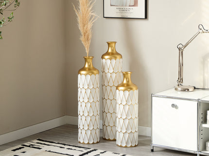 Floor Metal Vase Modern Style Decoration Home Droplet Shaped Metal Vase 3 Piece Set Gorgeous Home Decoration Large Glazed Metal Vase - Gold / White