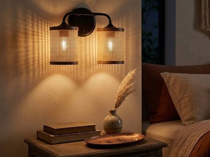 Quell - Double Light Vanity With Natural Shade Wall Lamp - Black / Rattan