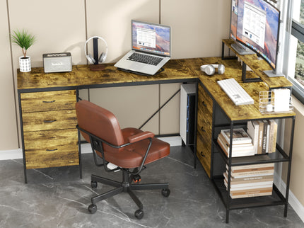Industrial L Shaped Desk With Power Hub With 6 Drawers And Adjustable Monitor Stands - Brown