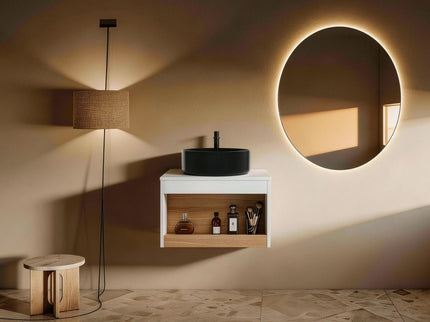 Floating Bathroom Vanity With Glossy Round Vessel Sink