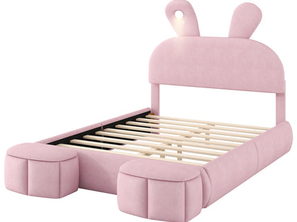 Full Upholstered Platform Bed With Cartoon Ears Headboard And LED Light - Pink