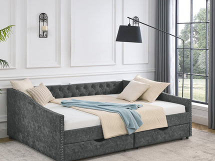 Queen Size Upholstered Daybed With Tufted Back And Nail Trimmed Waved Arms - Gray