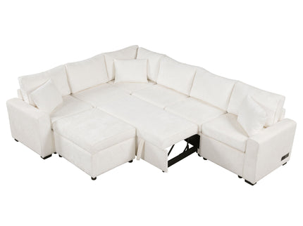 Sectional Sofa Pull-Out Sofa Bed Sleeper With A Storage Ottoman, Three Pillows And Charging Devices For Living Room