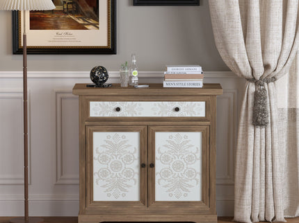 Accent Cabinet With Carved Floral Panels, Sideboard With Drawer And Double Doors - Antique Brown / White