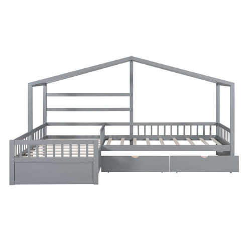 L Shape Platform Bed With 3 Storage Drawers